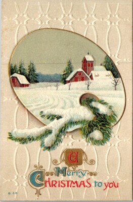 Christmas Vintage Postcard Winter Snowy Farmhouse Sene Winding Road Toboggan-image