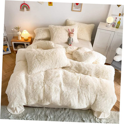 Faux Fur Kids Girls Milky White Comforter Sets Queen - 3PC Bed Set Warm -image