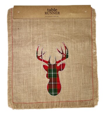 Jute Table Runner Holiday Deer Christmas Plaid 14x72 Country Rustic Primitive-image