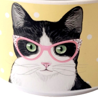 Pier 1 Imports Cat Stoneware Coffee Mug Pink Sunglasses Yellow & White Polka Dot-image