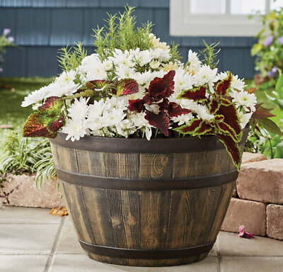 Better Homes & Gardens Whiskey Barrel Brown Resin Planter 19.9in x 19.9in x 13in-image