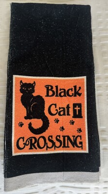 NEW BLACK CAT CROSSING Terry ClothCotton Halloween Kitchen Towels Design Imports-image