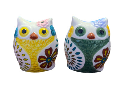 Pier 1 Boho Floral Design Owl 3” Salt and Pepper Shaker Set-image