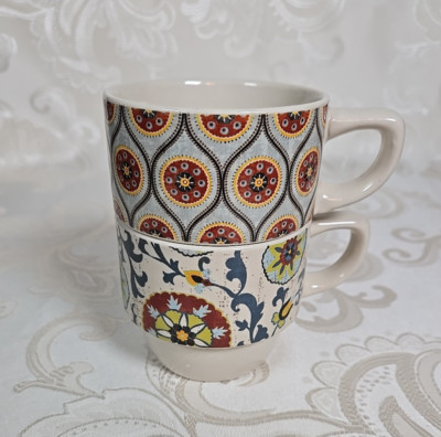 Pier 1 Imports stoneware stackable mugs set of 2 geometric multi color-image