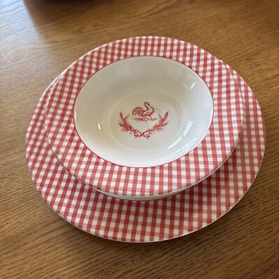 Red Rooster Pattern w/Red Check Border 6 Plates 6 Soup Bowls 12 Pieces In All-image