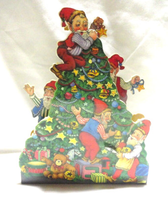 VINTAGE WIND UP WOODEN 3D ANIMATED CHRISTMAS TREE W/ELVES HERE COMES SANTA CLAUS-image