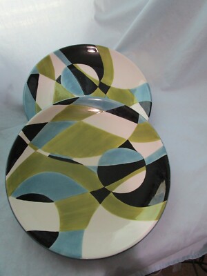 PIER 1 - FOLLY Pattern 2 Dinner Plates Hand Painted Abstract Design Earthenware-image