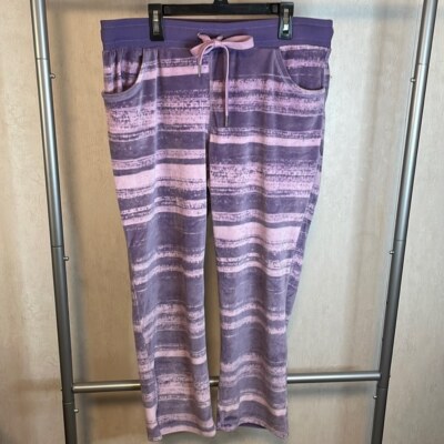 Cozy Light Dark Purple Striped Crush Velvet Feel Elastic Tie Waist Capri Size L-image