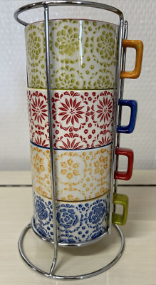 Pier 1 Imports Hand Painted Stoneware Boho Stacking Coffee Tea Mugs Cups-image