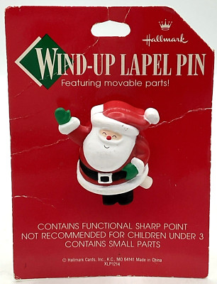 Vintage Hallmark Waving Santa Claus Wind Up Lapel Pin Moveable Parts Works -image