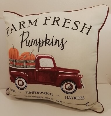 FARM FRESH PUMPKINS Outdoor Pillow Vtg Pickup Truck/ Checkered Mainstays 16