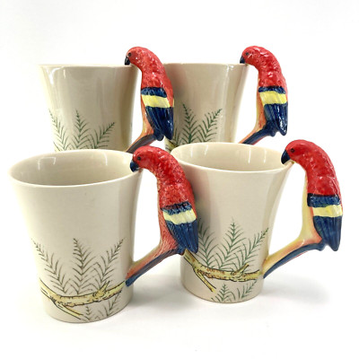 SET of 4 Pier 1 Imports Parrot Bird Handle Coffee/Tea Mug Red Macaw 16oz-image