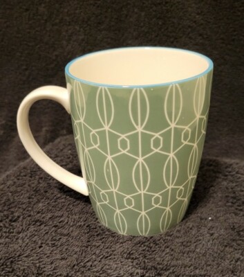  Better Homes & Gardens Sage Green & Cream w/Teal Rim Coffee Mug 12 oz Flawless-image