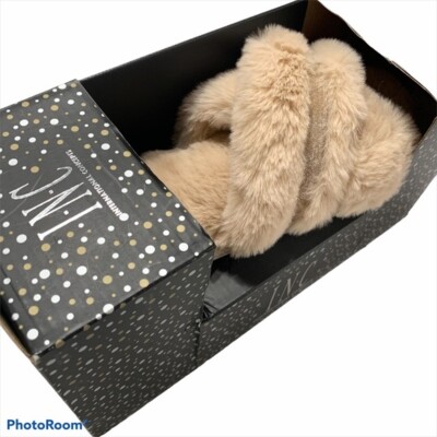 INC International Concepts Fuzzy Plush Crossband Slippers Cozy Tan Beige NIB-image