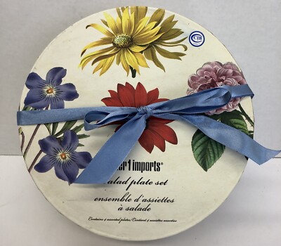 Rare Pier 1 New In Box Floral Flower 4 Salad Plates Set Garden Tea Party Nice-image