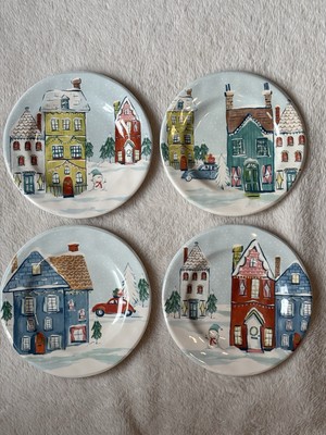 4 Pier 1 Imports Ironstone Winter Christmas Village Salad Dessert Plates-image