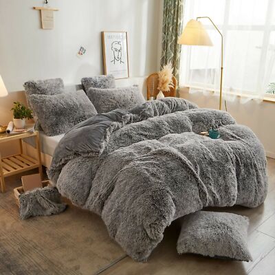BEAUTIFUL MODERN COZY GREY FUR SHAGGY ULTRA SOFT PLUSH FLUFFY CHIC COMFORTER SET-image
