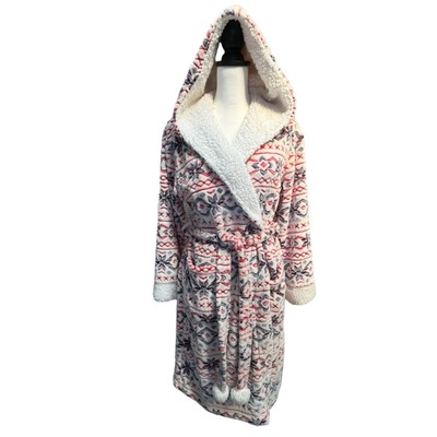 Peaches & Dreams Hooded Holiday Robe Women M Cozy Plush Snowflake Ivory Blue Red-image