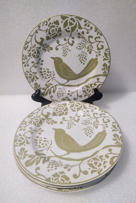 Pier 1 Imports Green Bird Stoneware 8.25” Luncheon Salad Dessert Plates Set of 4-image