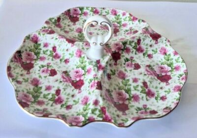 Vintage Jay Imports Tidbit Tray with Handle & Pink Gold Rose Design-image