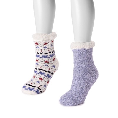 Women's 2 Pair Cozy Cabin Sock Blue/Red/White Hearts & Solid Blue Comfortable-image