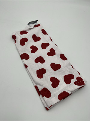 Mainstays Kitchen Towel: Big Heart Kitchen Towel, 100% Cotton - White, Red-image