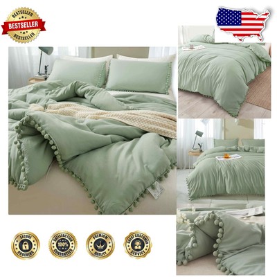 Lightweight Down Alternative Full Comforter Set with Pom Fringe - Easy Care-image