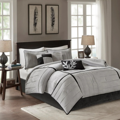 NEW! ~ COZY ULTRA SOFT CONTEMPORARY CHIC PINTUCK LUX GREY BLACK COMFORTER SET -image