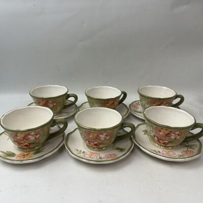 Set Of 6 Pier 1 Imports Audrey Cups And Saucers Earthenware Floral-image