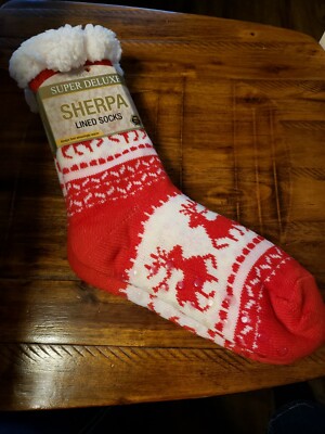 Cozy Shop Sherpa Lined Knit Socks Rubber Grips Red Super Soft  4273-image