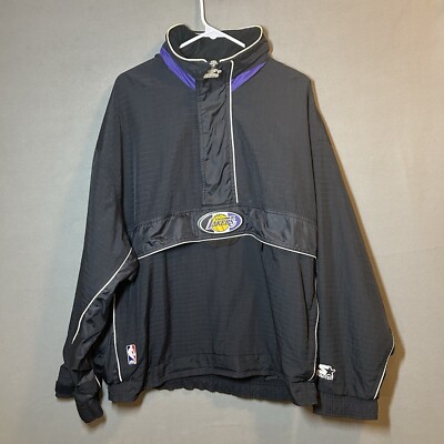 Vintage L.A. Lakers Starter 1/4 Zip Wind Breaker Size XL NBA Black Hidden Hood-image