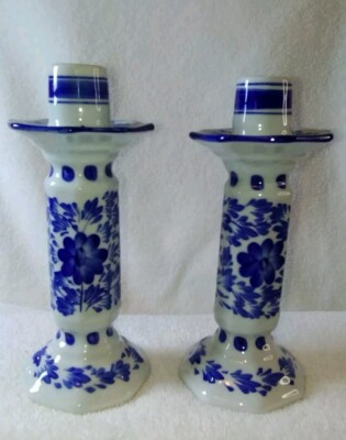 Pier 1 imports White & Blue Floral Candlestick Holders Set of 2-image