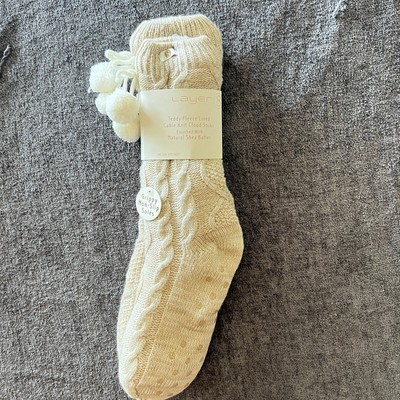 Layer 8 Fleece Lined Cable Knit Slipper Socks Enriched W/Shea Butter Beige NWT-image