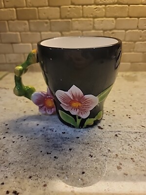 Pier 1 Imports Coffee Cup Mug Tropical Flower Hand Painted Stoneware Rare B411-image