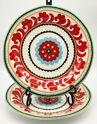 Pier 1 Suzani Medallion Set of 2 Dinner Plates Red Multi Colorful 10 7/8