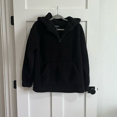 Zenana Women's M 1/4 Zip Teddy Fleece Pullover Solid Black Comfy Cozy Lounge-image