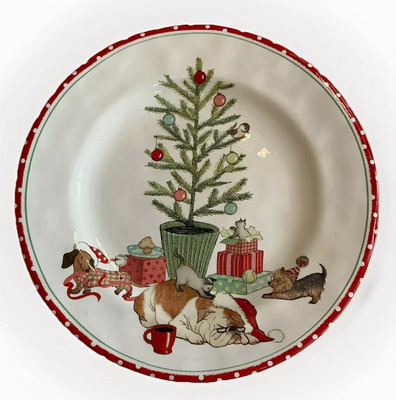 Pier 1 Imports Christmas Morning Pups Dinner Plate Park Avenue Puppies 10.5 in-image
