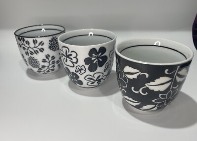Lot of 3 Pier 1 Imports 4 oz Akina Sake Tea Cups Black White Floral Design 2.5”-image
