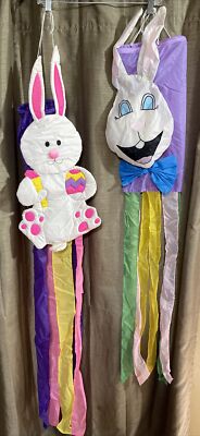 Vintage Easter Garden Nylon Wind Sock Easter Bunny Flowers Tassels Tails Flag-image