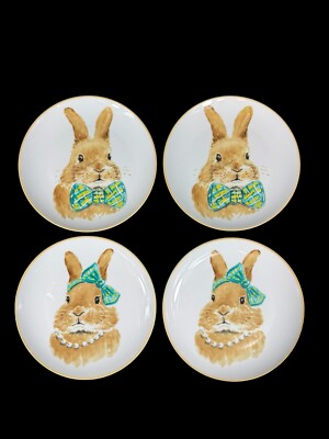 Pier 1 One Easter Rabbits Bunnies Porcelain Salad/Dessert Plates 8” Set of 4 EUC-image