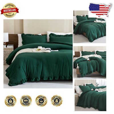 Cozy Lightweight Dark Green Comforter Set with Ruffles - King Size, 3 Pieces-image