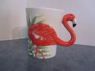 Pier 1 Imports Pink Flamingo Handle Coffee Mug Hand Painted Stoneware-image