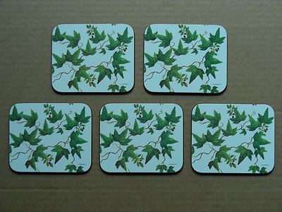 (SET OF 5) DESIGN IMPORTS LTD 1991 LEAVES & BERRIES COASTERS WITH CORK BASES-image