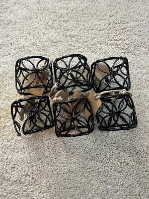 New Pier 1 Round Black Metal with Floral Design Napkin Rings Set of  6-image