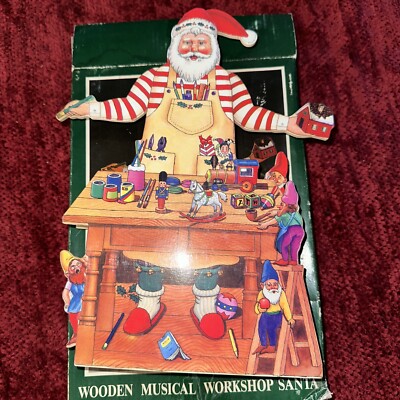 Vintage Musical Motion Santa's Workshop & Elves Wind Up Toy Moving Music Wooden-image