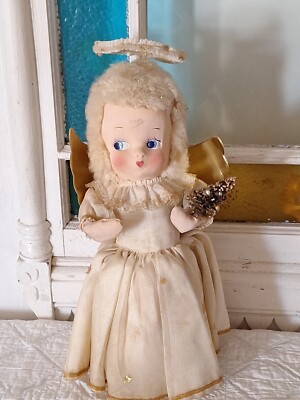 RARE Vintage Christmas ANGEL GIRL Wool Hair Brush Tree Spins-Play Silent Night-image