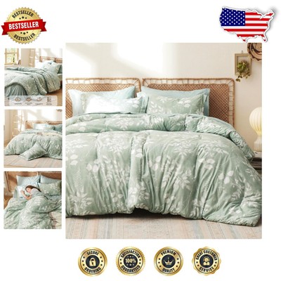 Cozy Sage Green Floral Twin Comforter Set with Sheets & Pillowcase - 5 Pieces-image