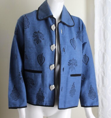 NWT Venus Imports Sz XS S Art-to-Wear Blue Leaf Print Woven Nepal Jacket Coat-image