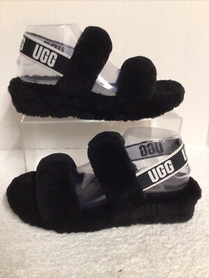 UGG Oh Yeah Black Sheepskin Strappy Cozy Slingback Sandals Womens Size 9-image