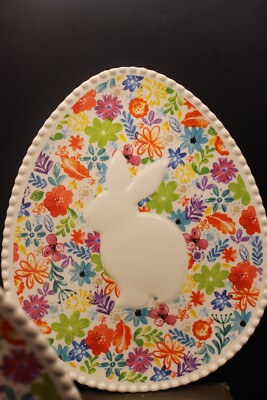 Easter Bunny Plates Pier I Embossed White Bunny Beautiful Floral Design Set of 2-image